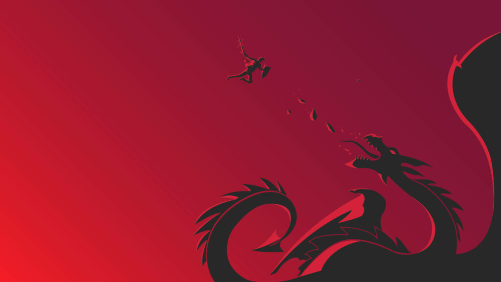 The Battle of Shadows: A Warrior Confronts a Red Dragon in Dark Crimson Wallpaper in UHD 4K 3840x2160 Resolution