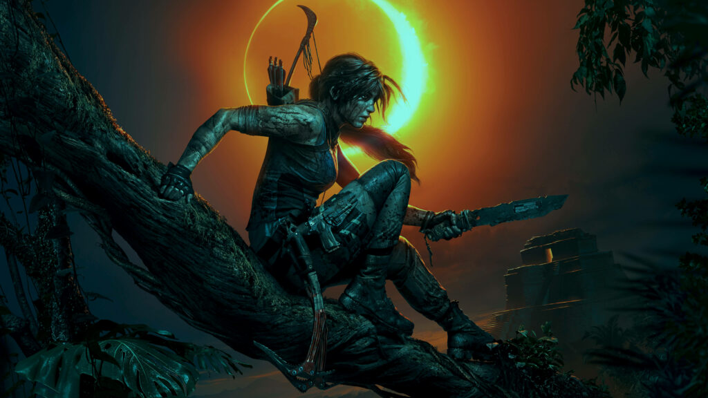 Lara Croft, the Fearless Adventurer, Descending Gracefully down the Tree Canopy Amidst a Solar Eclipse in Shadow of the Tomb Raider Wallpaper