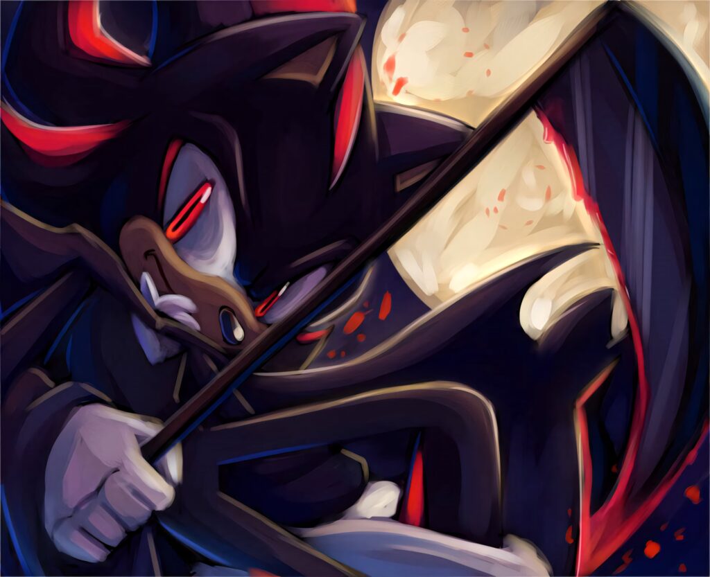 Shadow the Hedgehog fan art wallpaper dynamic pose red black tones bold brushstrokes intense lighting