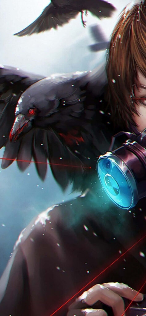 Eerie Encounter: Stealthy Black Crow Engulfing An Enigmatic Anime Persona, Sporting a Metal Collar - Striking Anime Wallpaper for iPhone