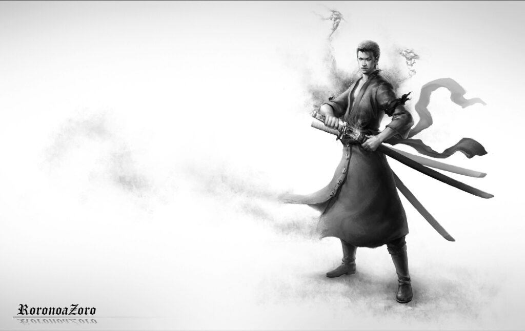 Charcoal Interpretation of One Piece Zoro: A Dynamic 4k Wallpaper featuring Zoro's Majestic Swordplay and Unforgettable Attire