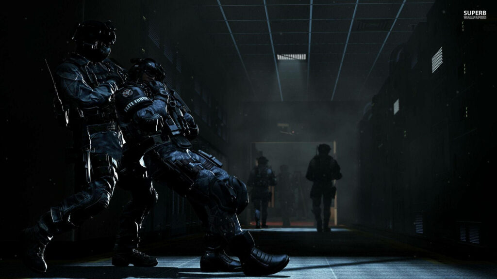 High-Res Call of Duty: Ghosts Wallpaper - Soldiers in Tactical Gear Moving Through Dimly Lit Corridor