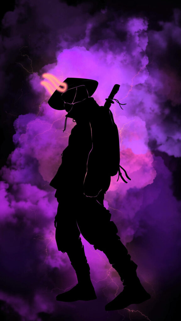Purple Hues and Shadowed Samurai: A Captivating Aesthetic Black Silhouette Against Dreamy Cloudlike Background Wallpaper