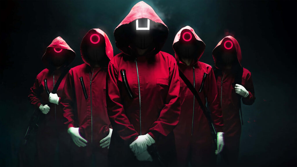 Squid Game guards in red jumpsuits with square and circle masks dark cinematic wallpaper