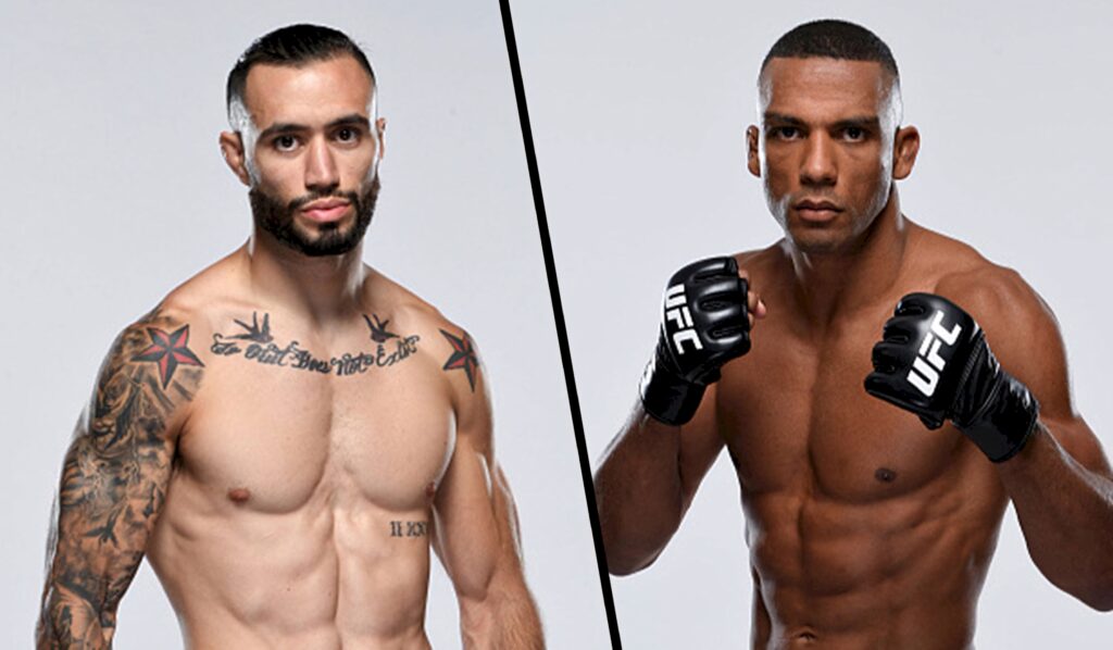 MMA fighters Shane Burgos and Edson Barboza face off in intense UFC stance with focused power Wallpaper