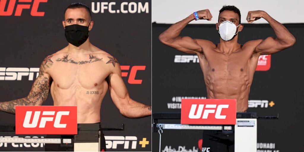 Shane Burgos and Edson Barboza flex at UFC weigh-in wearing masks intense MMA fight wallpaper