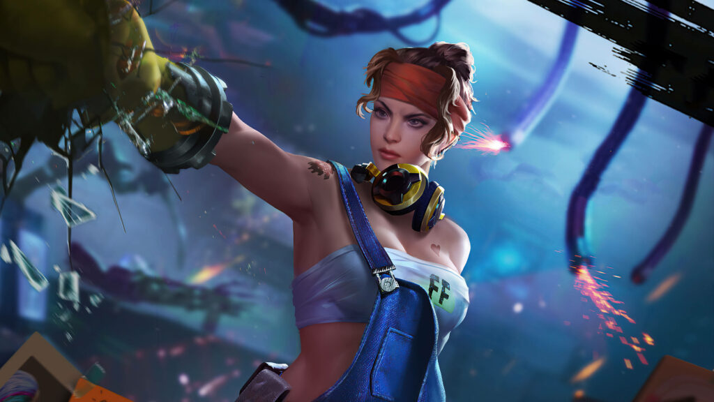 Shani, the Fearless Warrior: A Striking Free Fire 2020 Portrait on an Ethereal Light Blue Backdrop Wallpaper