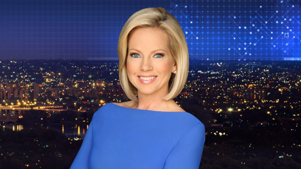 Shannon Bream in blue dress with digital network grid and blurred city skyline background wallpaper