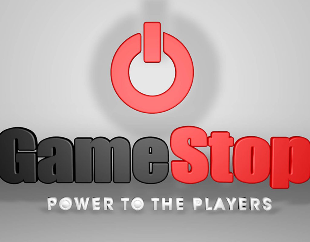 3D GameStop logo wallpaper with bold black red text and power button on grey background