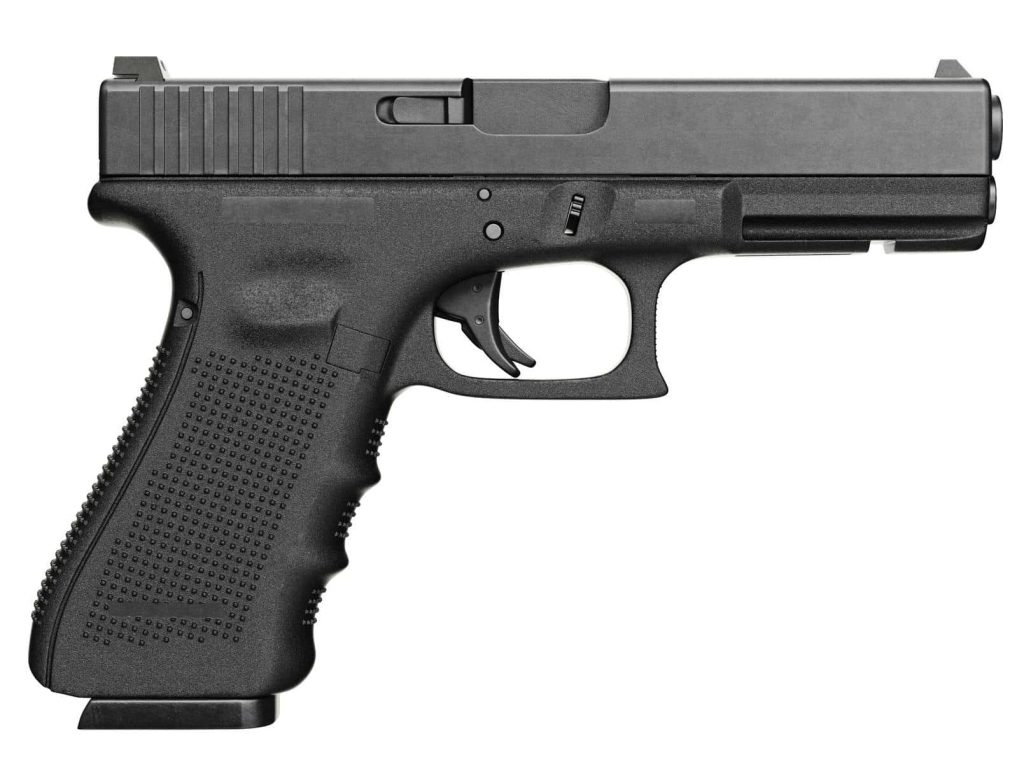 Sharp studio-quality image of black Glock pistol with polymer grip on white background Wallpaper