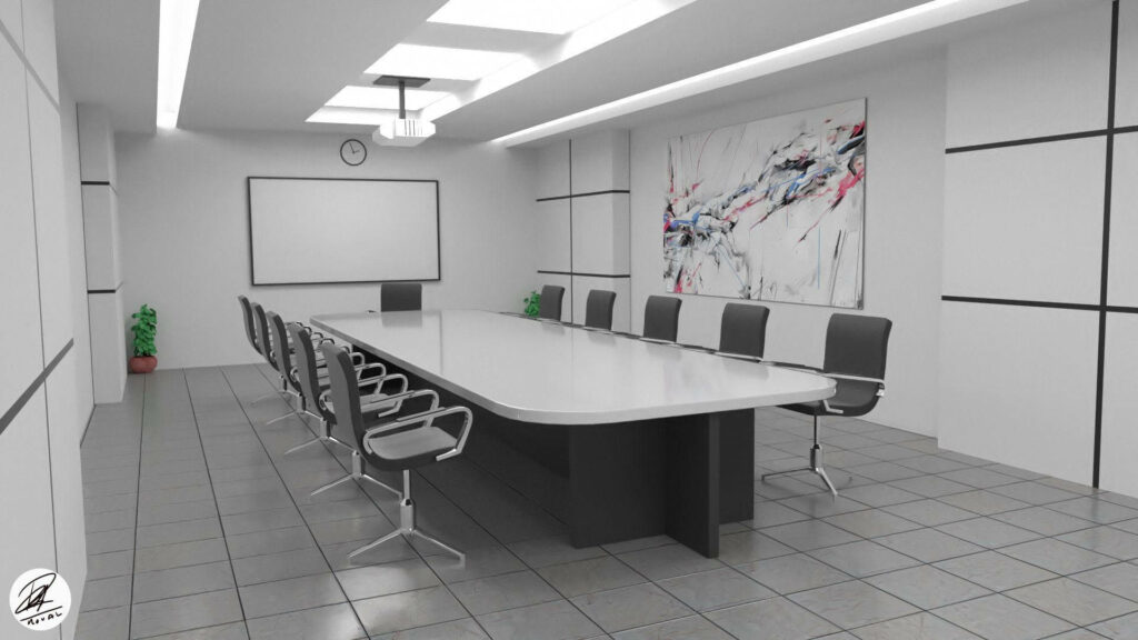Executive Elegance: B&W Boardroom Zoom Background with Long Conference Table and Chairs Wallpaper