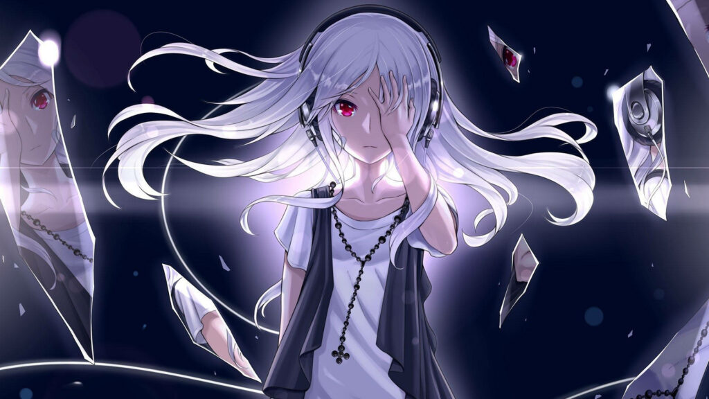 Shattered Reflections: A White-Haired Anime Girl Covers Her Eye in a Wallpaper Background as Glass Splinters Scatter
