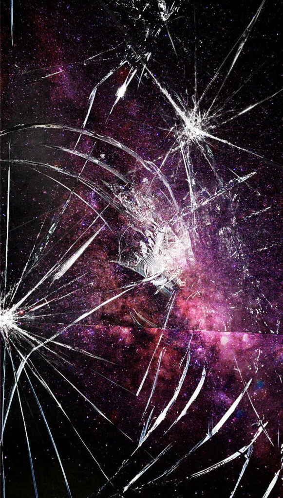 Shattered telescope lens view of cosmic space with cracked glass effect in purple and pink colors Wallpaper