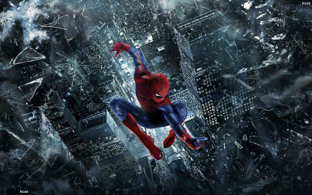 Spider-Man leaps through shattered glass in dark cityscape cinematic digital art wallpaper
