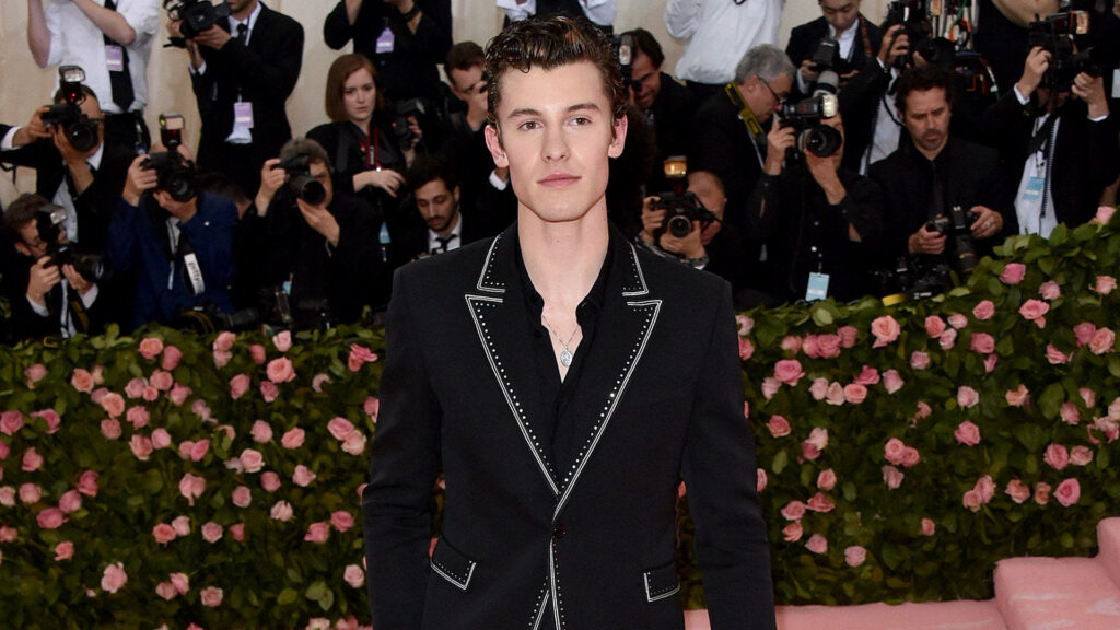 Shawn Mendes in black studded suit posing at Met Gala 2019 pink roses photographers background Wallpaper