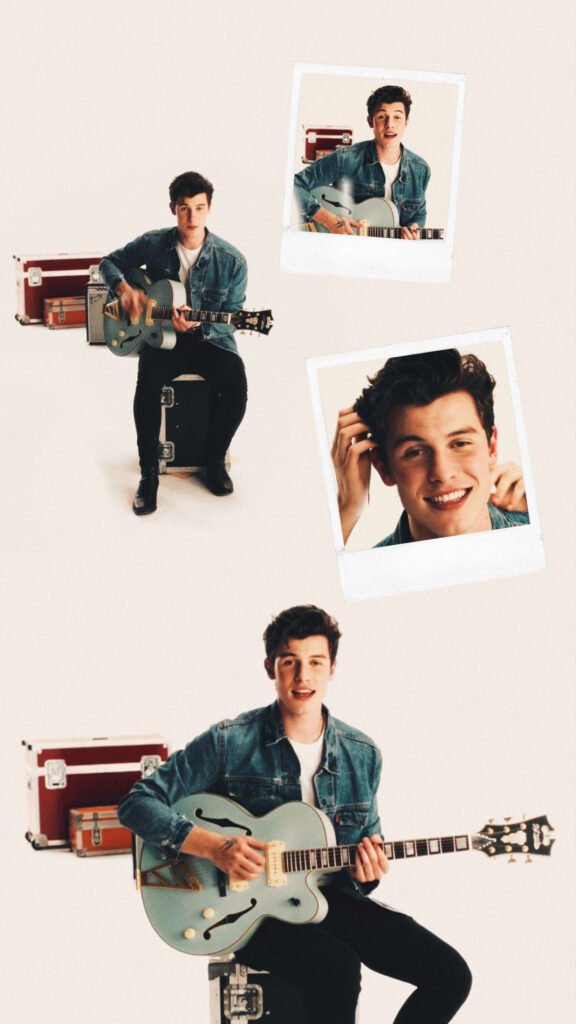 Shawn Mendes collage wallpaper playing guitar smiling in casual poses inspired by Nervous song