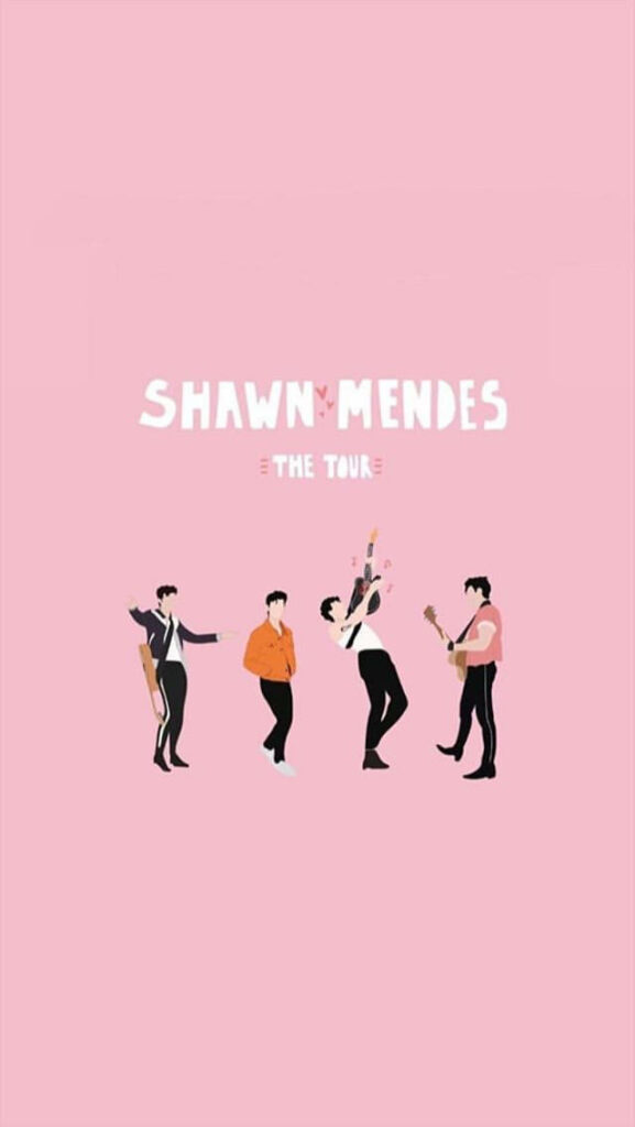 Minimalist Shawn Mendes The Tour wallpaper showing him performing with his band on pink background