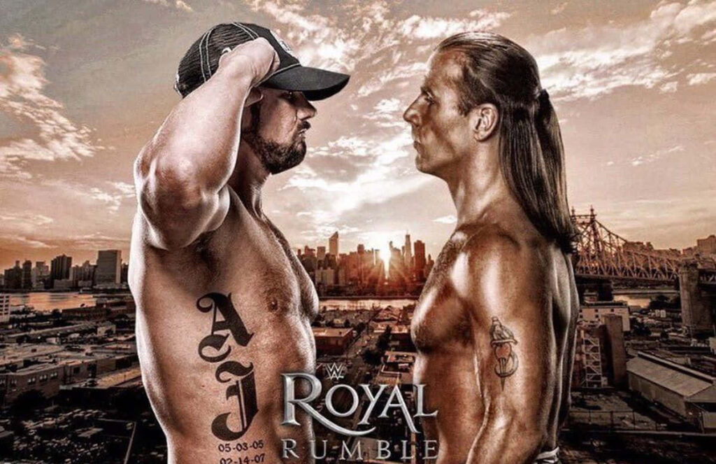 Shawn Michaels and AJ Styles face off at sunset cityscape Royal Rumble wrestling wallpaper background