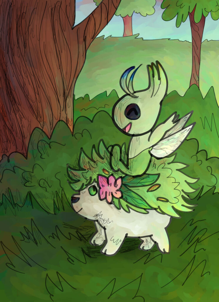 Shaymin Land Forme and Celebi exploring lush forest in whimsical hand-drawn nature wallpaper