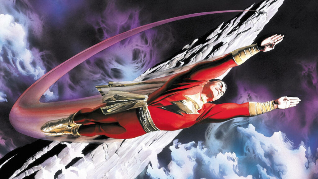 Shazam flies powerfully through dramatic sky fanart wallpaper showcasing bold DC superhero energy