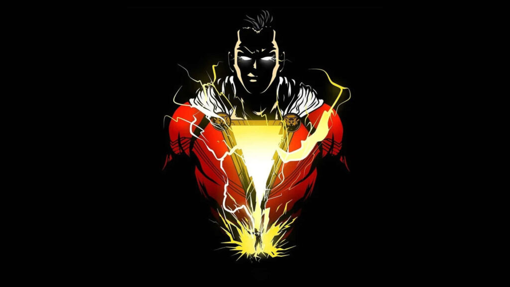 HD AMOLED Shazam wallpaper hero in red suit with glowing lightning and bold emblem black background
