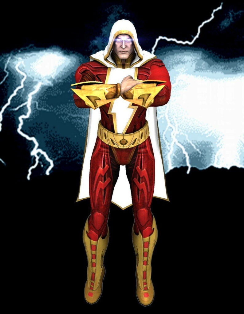 Shazam in Injustice costume with lightning background showcasing heroic power and strength Wallpaper