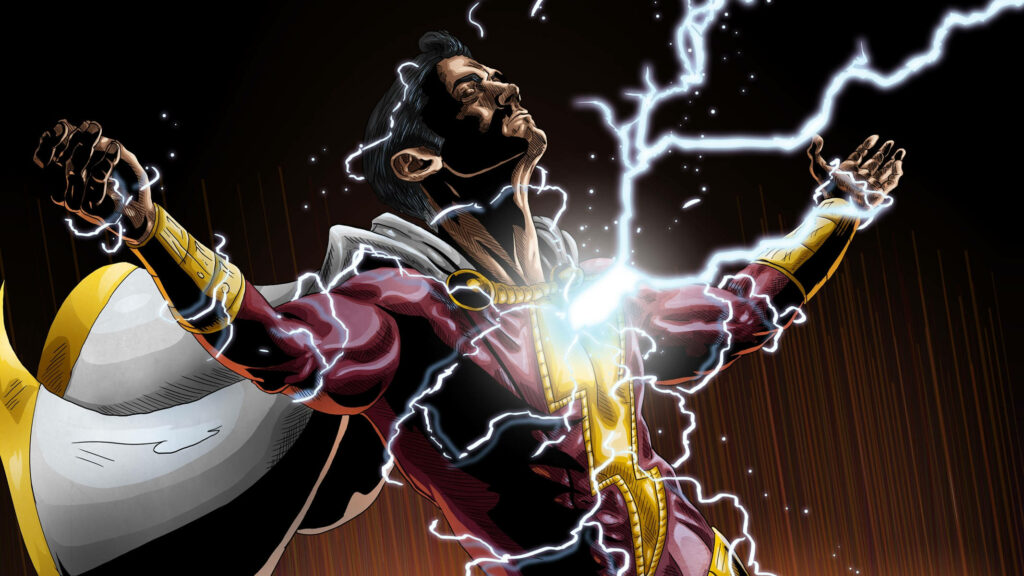 Shazam hero with raised arms surrounded by powerful lightning showcasing superhero strength Wallpaper