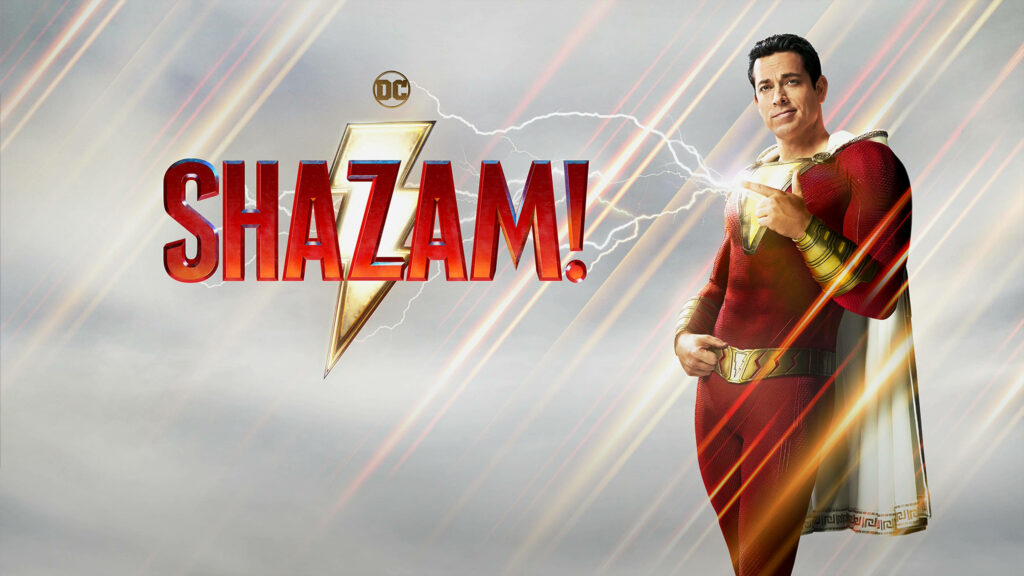 Shazam in red suit with lightning background dynamic wallpaper from Shazam movie energy excitement