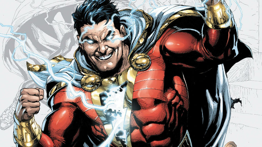 Shazam in red suit unleashing powerful lightning energy dynamic wallpaper background