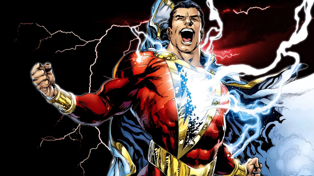 Shazam roaring with lightning crackling showcasing electrifying strength dynamic wallpaper background