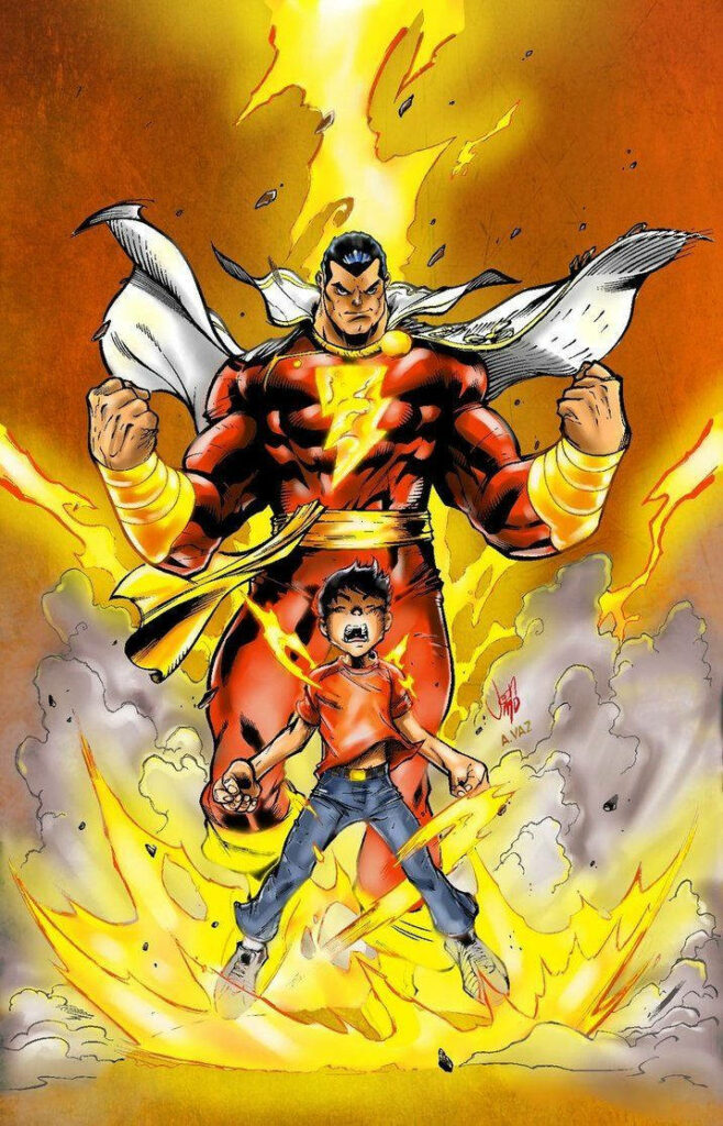 Billy Batson transforming into Shazam with electric lightning in dynamic superhero wallpaper background