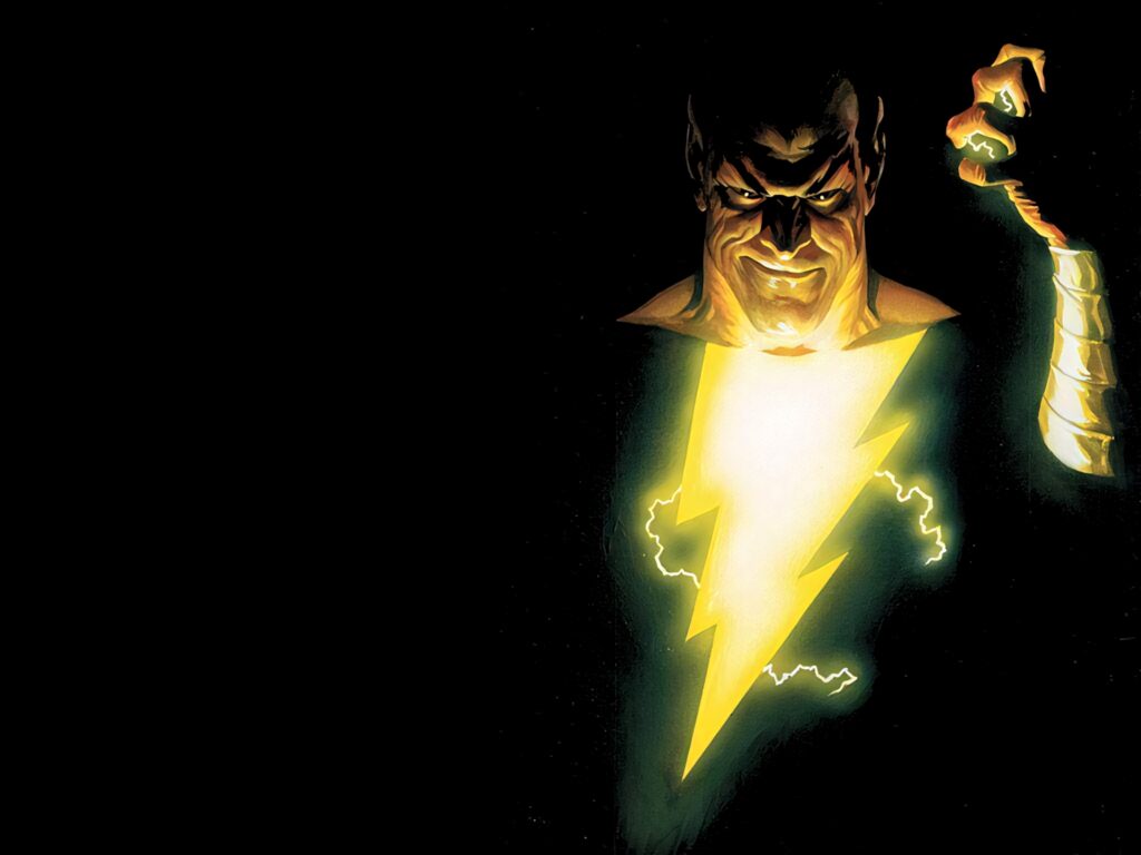 Shazam superhero glowing thunderbolt chest standing powerfully in dark dynamic wallpaper