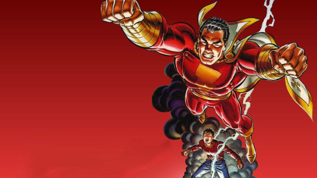 Shazam superhero bursting with lightning energy above young Billy Batson in dynamic wallpaper