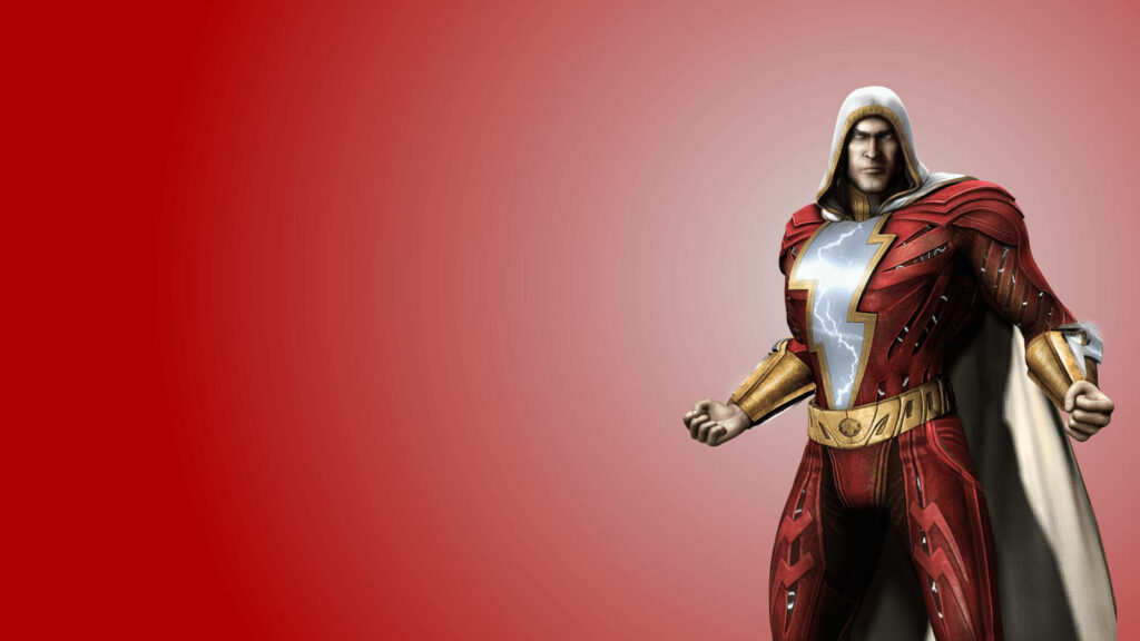 Shazam in vibrant red suit with glowing lightning bolt emblem on bold red gradient background Wallpaper
