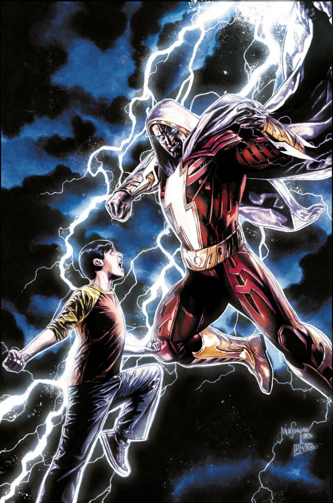 Shazam transformation scene with lightning over Billy Batson stormy sky dynamic wallpaper