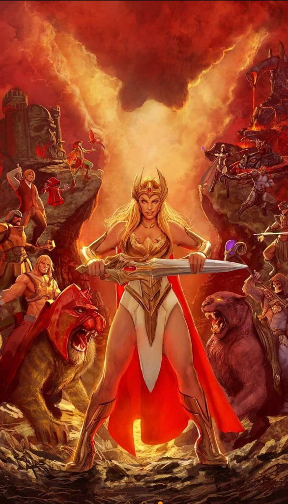 She Ra and He Man united against Skeletor fiery volcanic battleground with Battle Cat Panthor Wallpaper