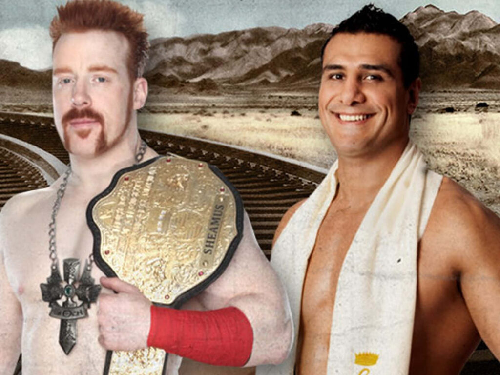 WWE superstars Sheamus with championship belt and Alberto Del Rio in dramatic outdoor wallpaper