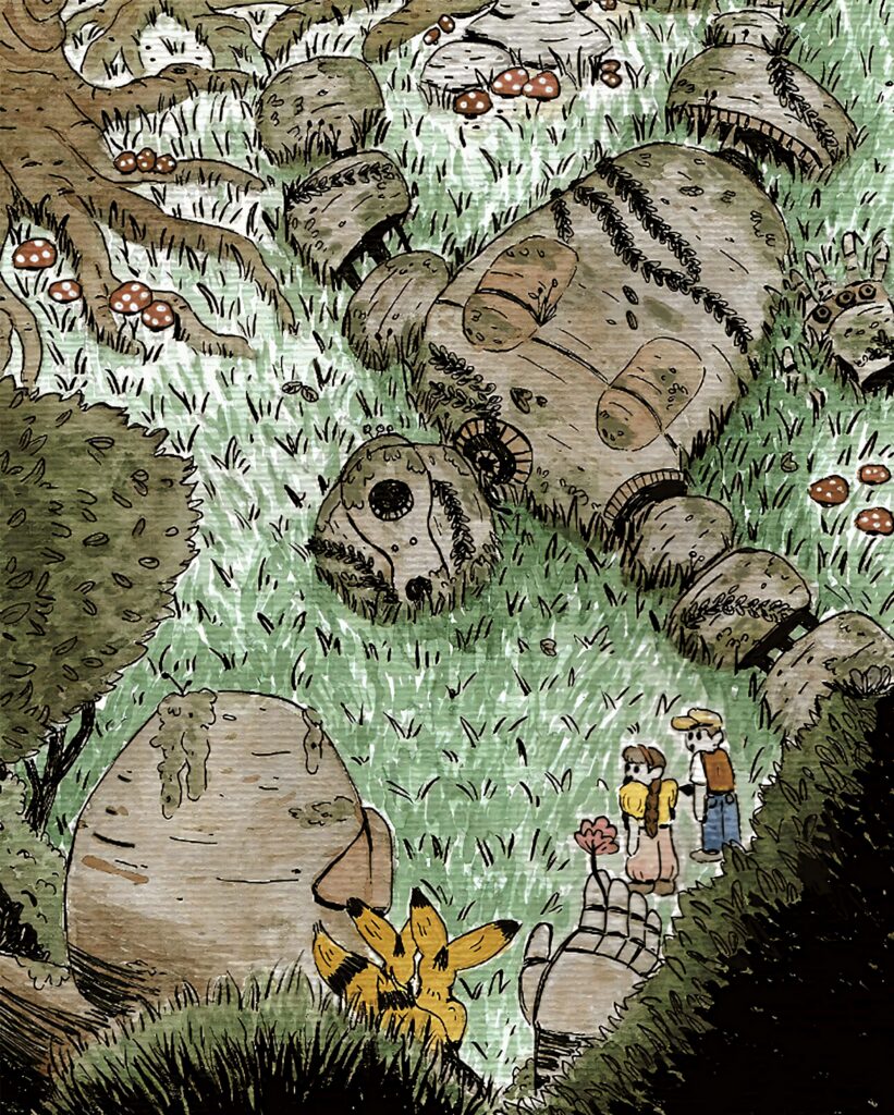 Sheeta and Pazu in enchanted field with ancient robots magical Castle in the Sky wallpaper