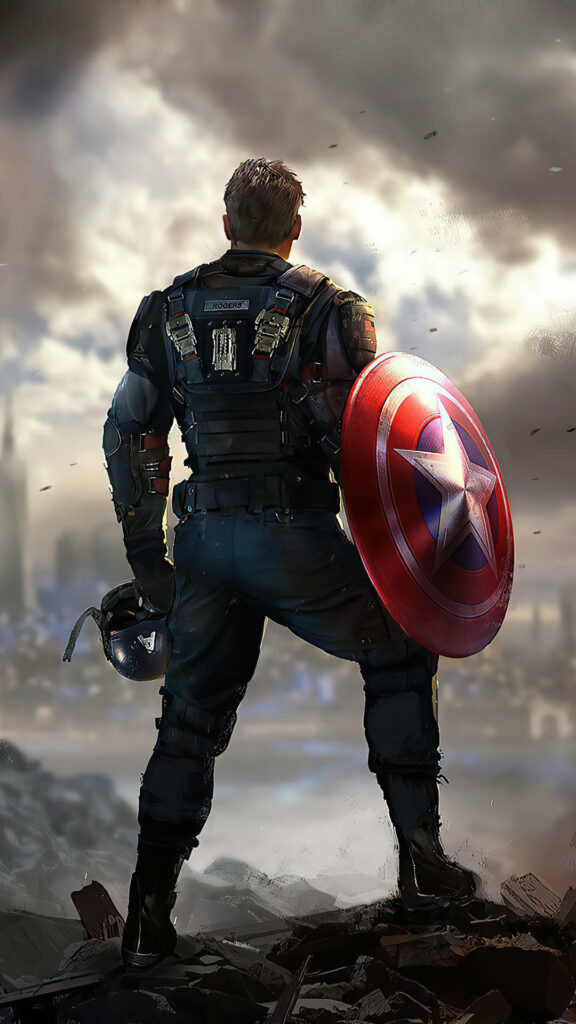 Captain America 4K wallpaper standing on city ruins holding shield and helmet in tactical gear