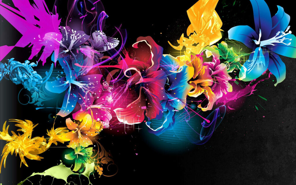 Vibrant neon abstract flowers with glowing ink effects on black background digital art wallpaper