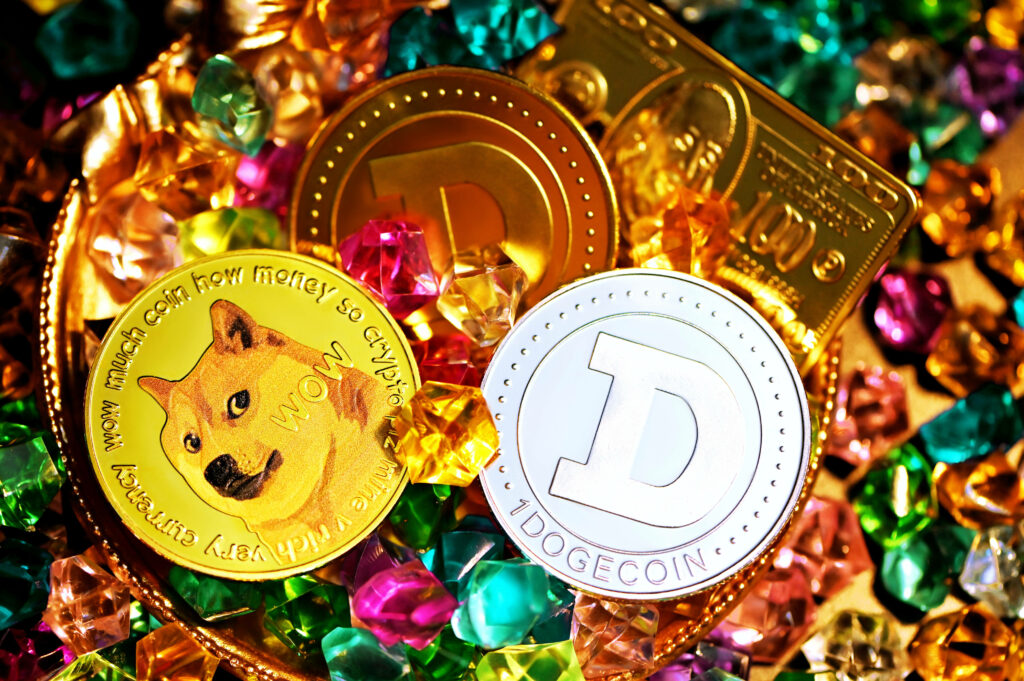 Vibrant wallpaper with shimmering Dogecoin tokens and colorful gemstones digital currency theme