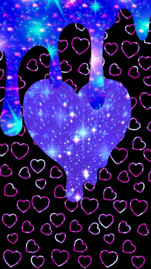 Galaxy-textured blue heart dripping with neon hearts on dark moody background wallpaper
