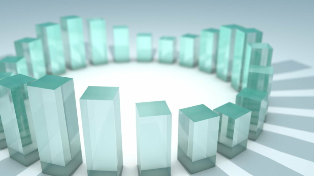 3D CGI teal glass blocks circular formation with soft light and geometric shadows wallpaper