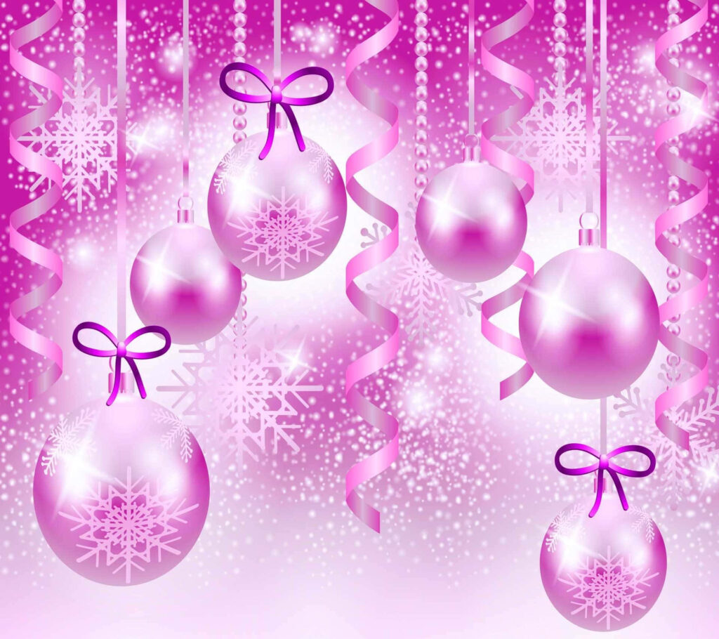 Sparkling Pink Christmas Balls: Elegant Winter Wonderland Wallpaper
