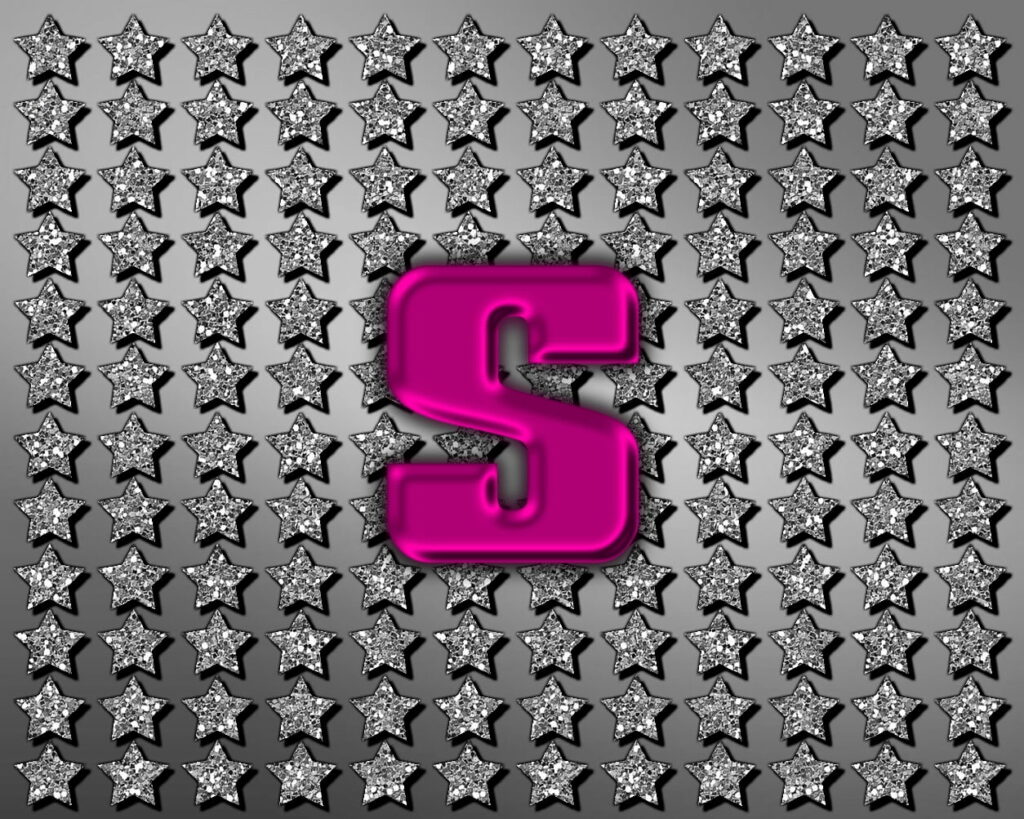 Sparkling Space: Glittering Stars and Silvery Pink Letter S in an HD Wallpaper