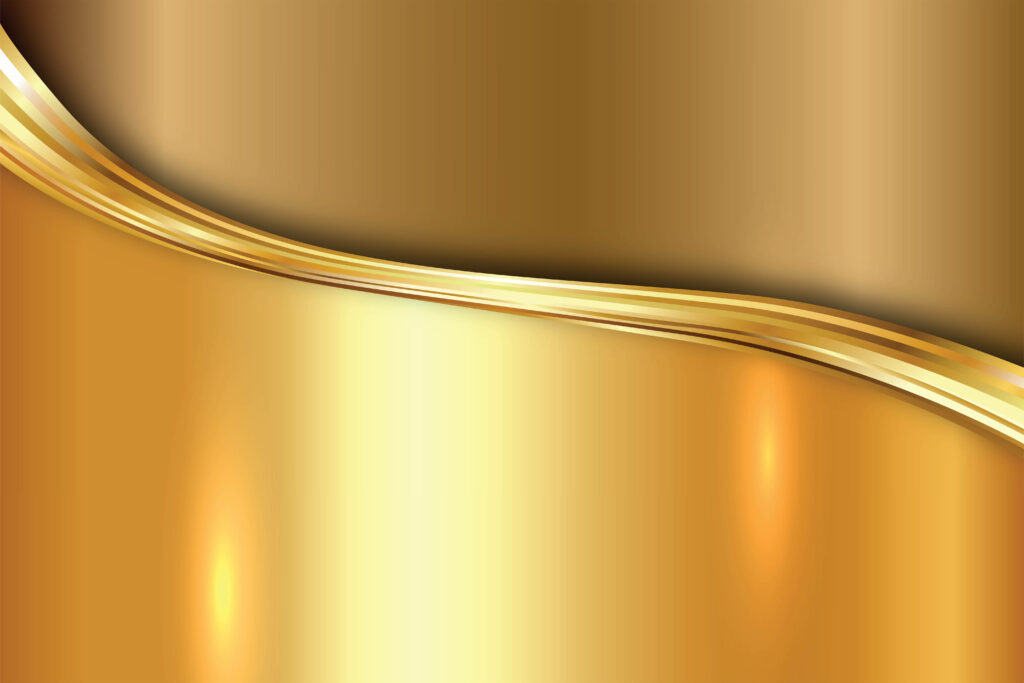 Metallic gold abstract wallpaper with glossy surface and curved reflective gradients background