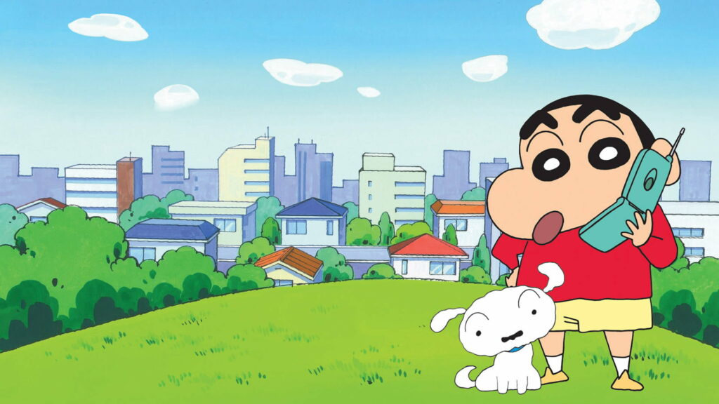 Crayon Shin-chan anime wallpaper Shinnosuke Nohara with dog Shiro in green park cityscape