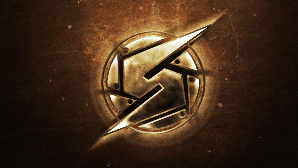 Metallica logo wallpaper bronze metallic texture glowing industrial light heavy metal art