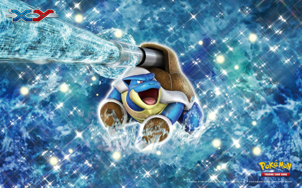 Shining Blastoise unleashing powerful water attack with sparkling blue energy wallpaper background