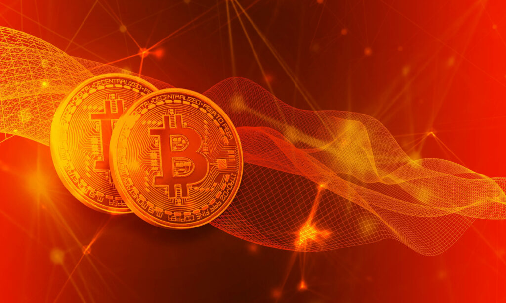 Golden Bitcoin symbols glowing on vibrant orange red futuristic digital background wallpaper
